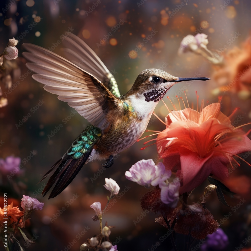Naklejka premium hummingbird feeding from the flower.AI generated