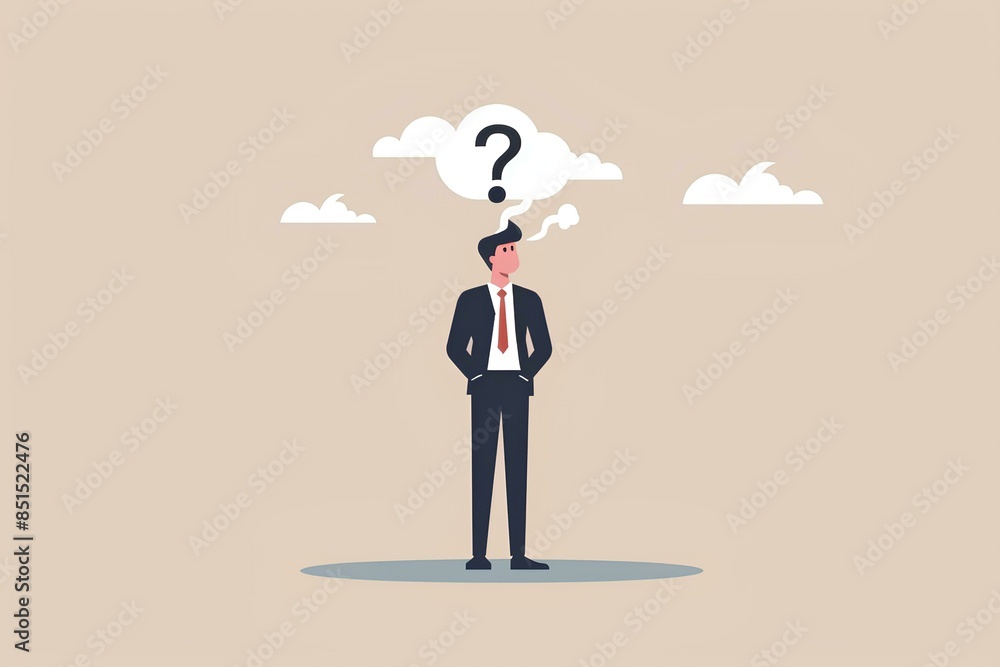 Obraz premium A businessman with a question mark on his head, a professional business concept of a confused man standing in a front view full body portrait with a clouds background