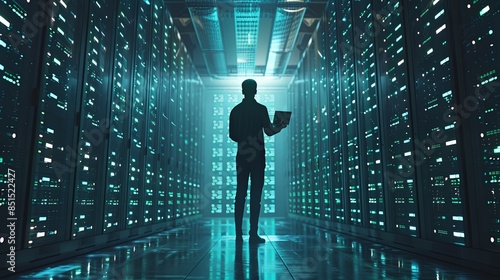 Silhouette of a man holding a laptop in a server room bathed in ambient blue light, showcasing a modern data center