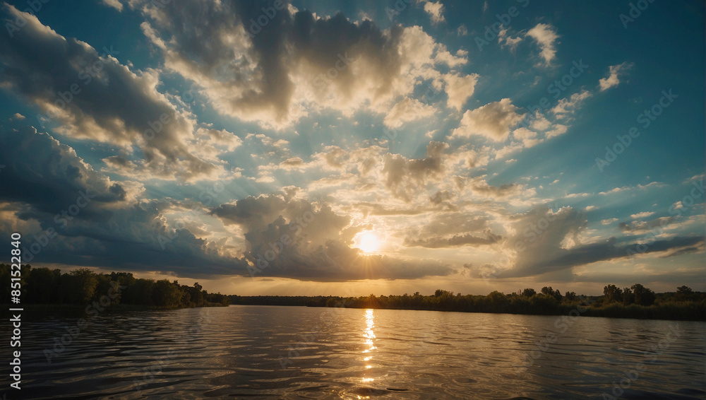 Obraz premium Tranquil scene of a panoramic landscape with sunset and lake, beautiful scenic dawn over the lake, cloudy sky, golden hour background