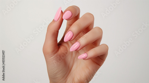 Hand with fine manicure. Nail art. Woman's nails with soft light pink color design. White background