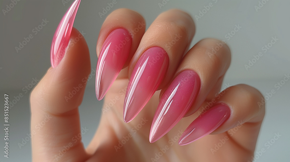 Hand with fine manicure. Nail art. Woman's very long nails with pink color design Hand with fine manicure. Nail art. Woman's very long nails with pink color design
