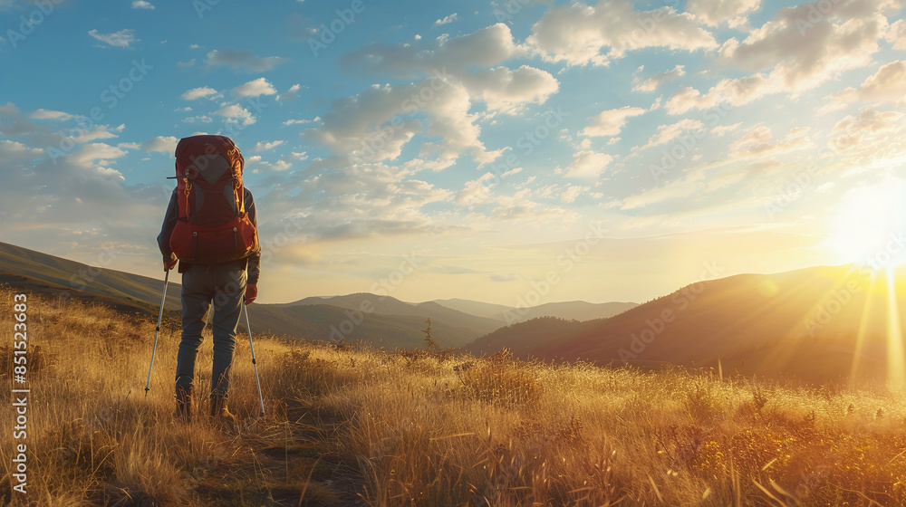 Man hiker with backpack on top of the mountain back, looking at horizon. Concept motivation and goal achievement Man hiker with backpack on top of the mountain back, looking at horizon. Concept motivation and goal achievement
