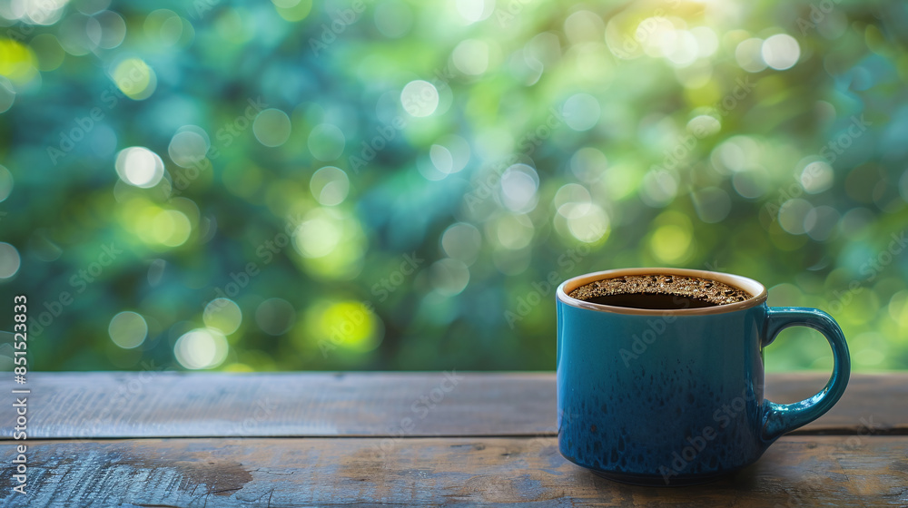 Obraz premium A cup of aromatic black coffee on wooden table. Morning Coffee Espresso for breakfast in a beautiful blue cup. Hot coffee in blue mug on wooden and green blur background with copy space for text, logo
