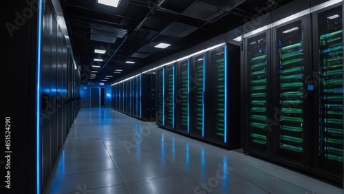 WA high-tech data center with rows of servers, blue and green LED lights, symbolizing advanced technology and data storage. Resplendent.