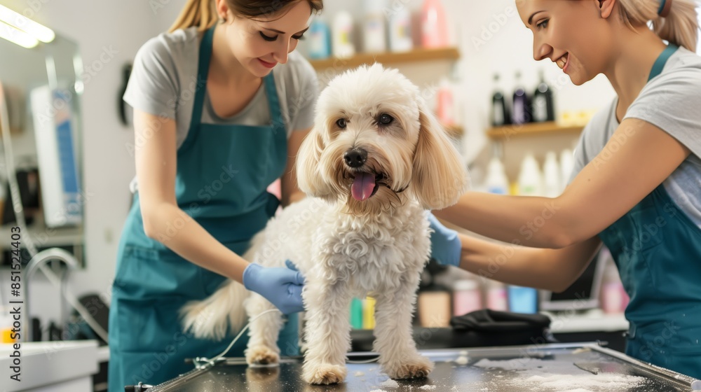 Pet grooming franchise with cheerful groomers in a stylish salon. Warm, professional care for happy pets. Pet grooming franchise with cheerful groomers in a stylish salon. Warm, professional care for happy pets.