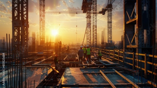 The construction site, illuminated by the sunset, depicts a busy industrial scene with workers and cranes. AIG53M photo