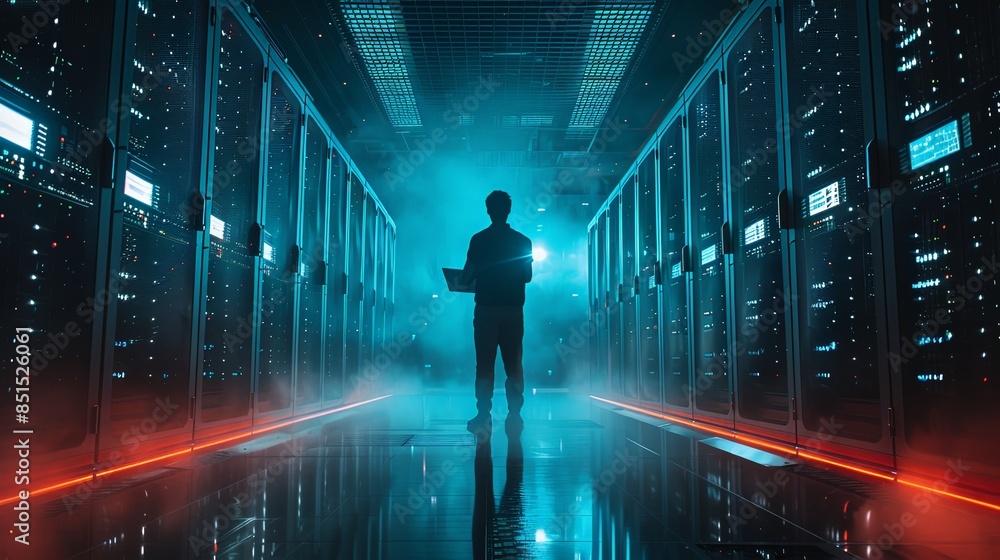 A silhouette of a person holding a laptop stands in a misty server room with blue lighting A silhouette of a person holding a laptop stands in a misty server room with blue lighting