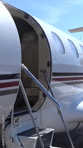 Business Jet Open Door Stairs Upwards Panning Generic White Unmarked Stripes