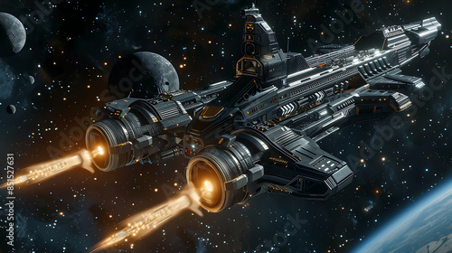 Fototapeta Naklejka Na Ścianę i Meble -  Large sci-fi spaceship, long, and aggressive-looking sci-fi spaceship with two large, long-range turret-style cannons in space flying toward the camera. Generative AI illustration 