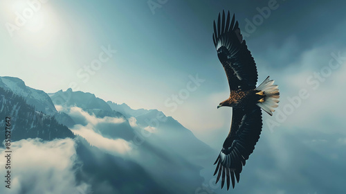 Soaring high above the majestic mountains, the proud eagle spreads its powerful wings, surveying the world below with its piercing gaze. photo