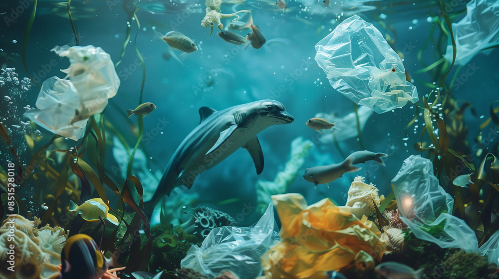 Fototapeta premium Undersea animals, garbage Generative AI
