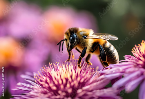 Close-up of a bee collecting nectar from a vibrant purple flower with a blurred background. National Honey Month. © Tetlak
