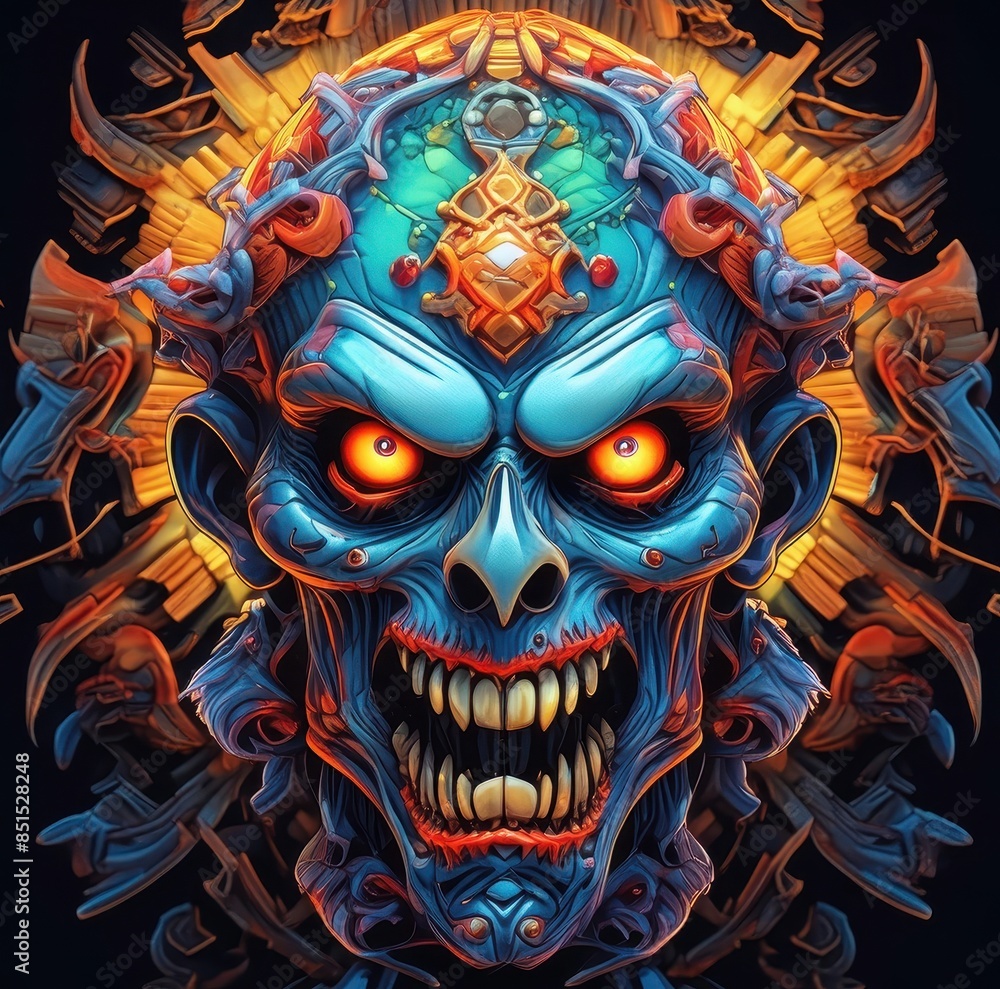 Naklejka premium zombie angry face with feather helmet on his head, face view, symmetrical view, tshirt design, black background