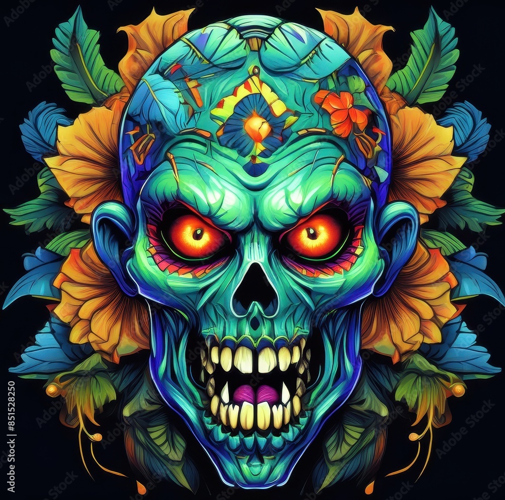 zombie angry face with feather helmet on his head, face view, symmetrical view, tshirt design, black background zombie angry face with feather helmet on his head, face view, symmetrical view, tshirt design, black background
