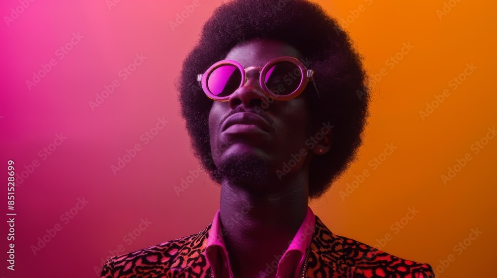 Retro Disco Fever: 1970s Black Man's Portrait Celebrating Afro Culture and Style Retro Disco Fever: 1970s Black Man's Portrait Celebrating Afro Culture and Style