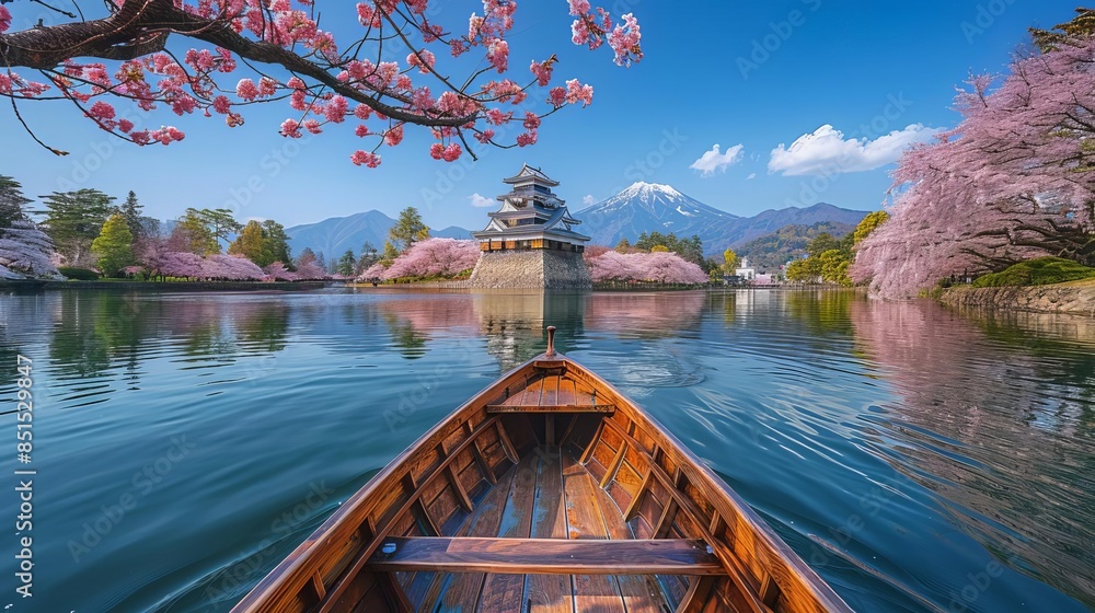 The wooden boar on the lake surrouned by cherry blossom tree in full ...