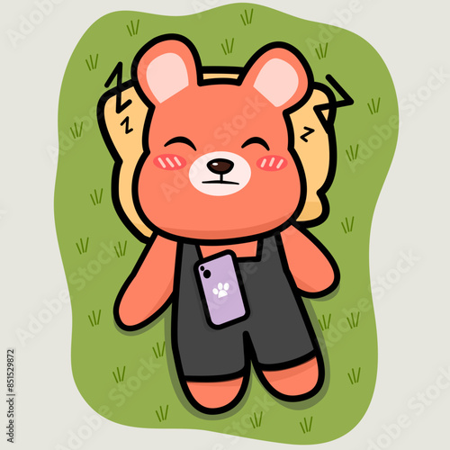 Clip art illustration of flat isolated cute teddy bear children cartoon character sleeping and take nap on green grass during picnic enjoying nature and fresh air feeling relax no distruption