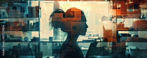 A silhouette portrait face of adult journalism In the background is journalism workspace Stylish in the style of Collage made up from the millions of tiny newspaper