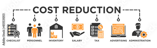 Cost reduction banner web icon glyph silhouette with icon of checklist, personnel, inventory, salary, tax, advertising and administration