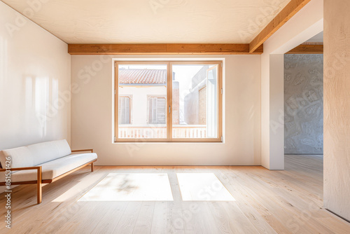 Window in an empty room in light brown color and minimal furniture. Residential Real Estate interior design composition.