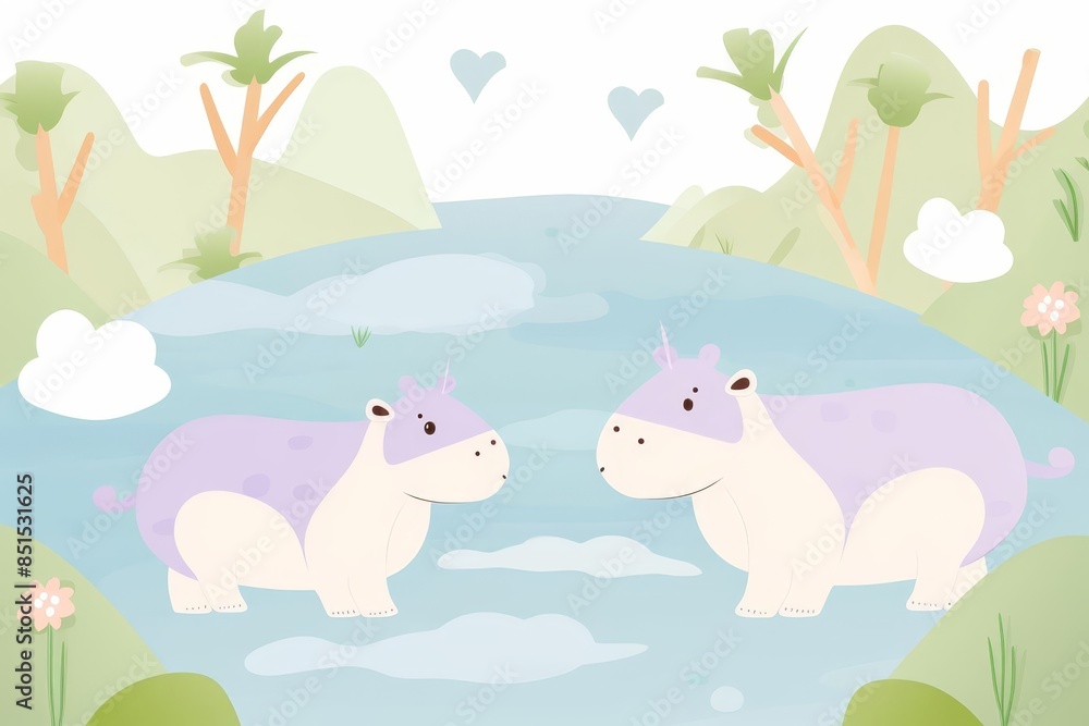 Naklejka premium Hippopotamus paper craft flat design top view river theme cartoon drawing colored pastel