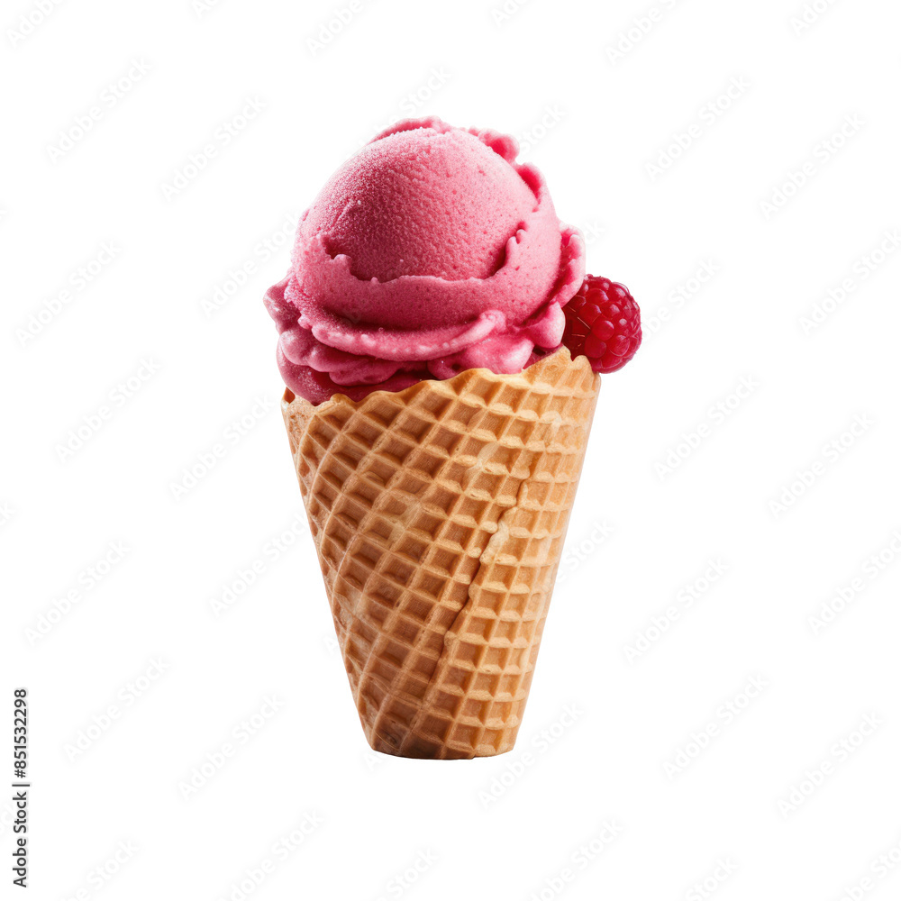 Raspberry Sorbet Ice Cream In Waffle Cone With Fresh Raspberry On Isolated Background. Raspberry Sorbet Ice Cream In Waffle Cone With Fresh Raspberry On Isolated Background.