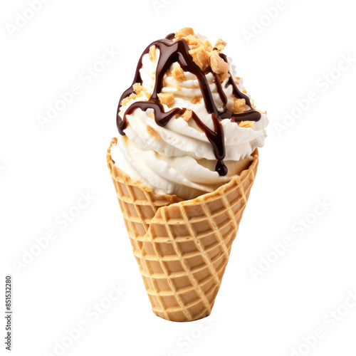 Vanilla Ice Cream Cone With Chocolate Drizzle And Nuts On Isolated Background.