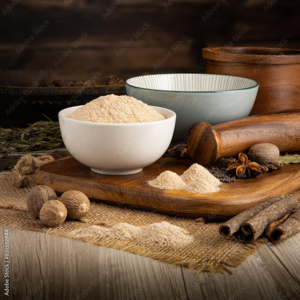 PSYLLIUM HUSK POWDER on wooden table background. Herbs, spices and dried food baking ingredient. Mortar and different spices. Cottage kitchen. Product Photography PSYLLIUM HUSK POWDER on wooden table background. Herbs, spices and dried food baking ingredient. Mortar and different spices. Cottage kitchen. Product Photography