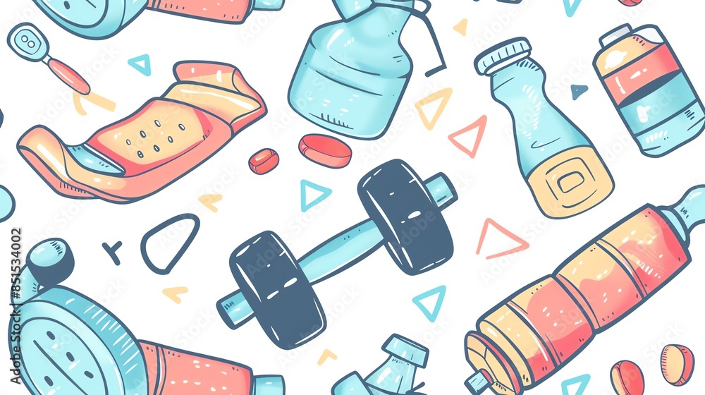 Design a seamless pattern featuring fitness elements like dumbbells, water bottles, and yoga mats Design a seamless pattern featuring fitness elements like dumbbells, water bottles, and yoga mats
