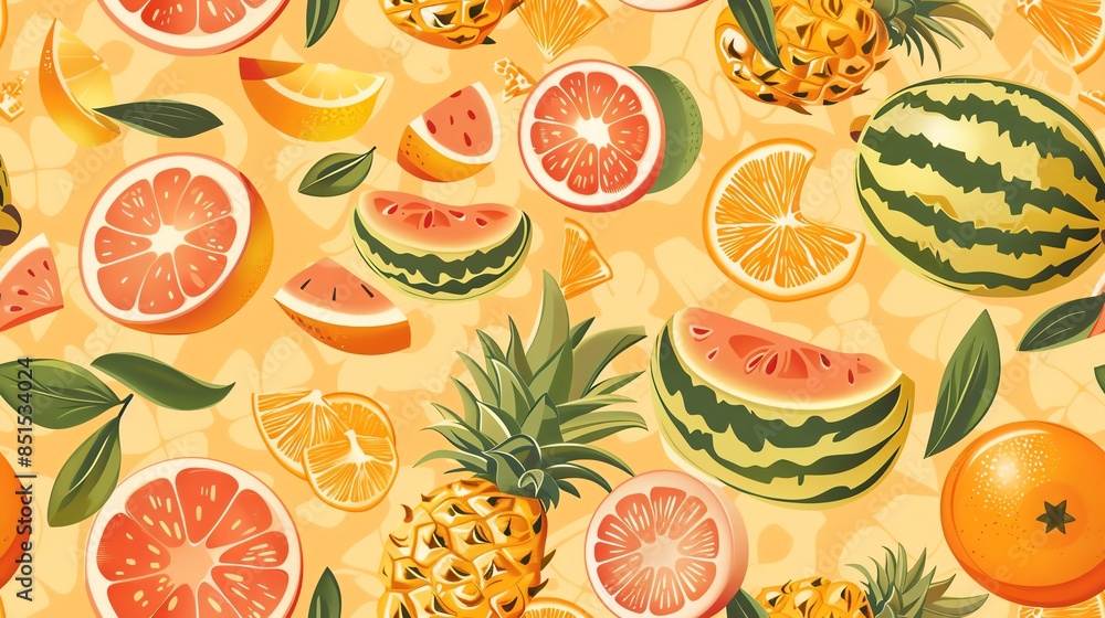 Design a seamless pattern featuring summer fruits like watermelons, pineapples, and oranges Design a seamless pattern featuring summer fruits like watermelons, pineapples, and oranges