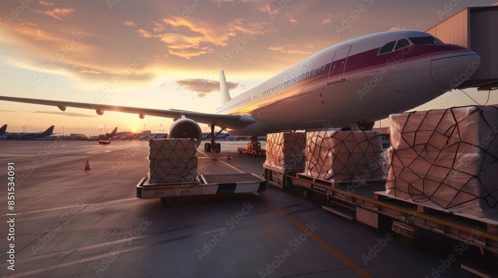 Air cargo freighter Logistics import export goods of freight global, Process of handling, Luggage loading with high loader at the Airport Air cargo freighter Logistics import export goods of freight global, Process of handling, Luggage loading with high loader at the Airport