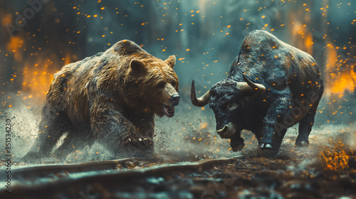 Two bears are fighting in a forest