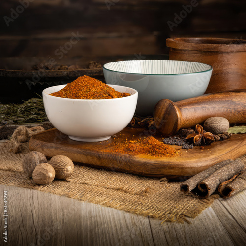 SMOKEY FIREPIT SEASONING on wooden table background. Herbs, spices and dried food baking ingredient. Mortar and different spices. Cottage kitchen. Product Photography photo