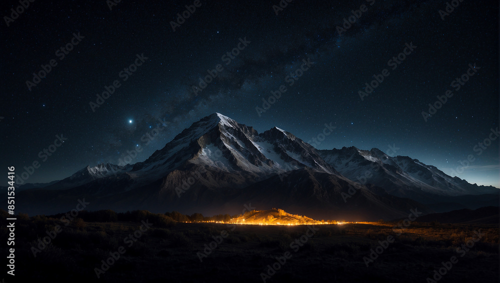 Fototapeta premium An amazing mountain landscape in night, environment nature covered with snow, a glowing city can be seen from distance, winter season scenary, beautiful sky filled with stars and clouds