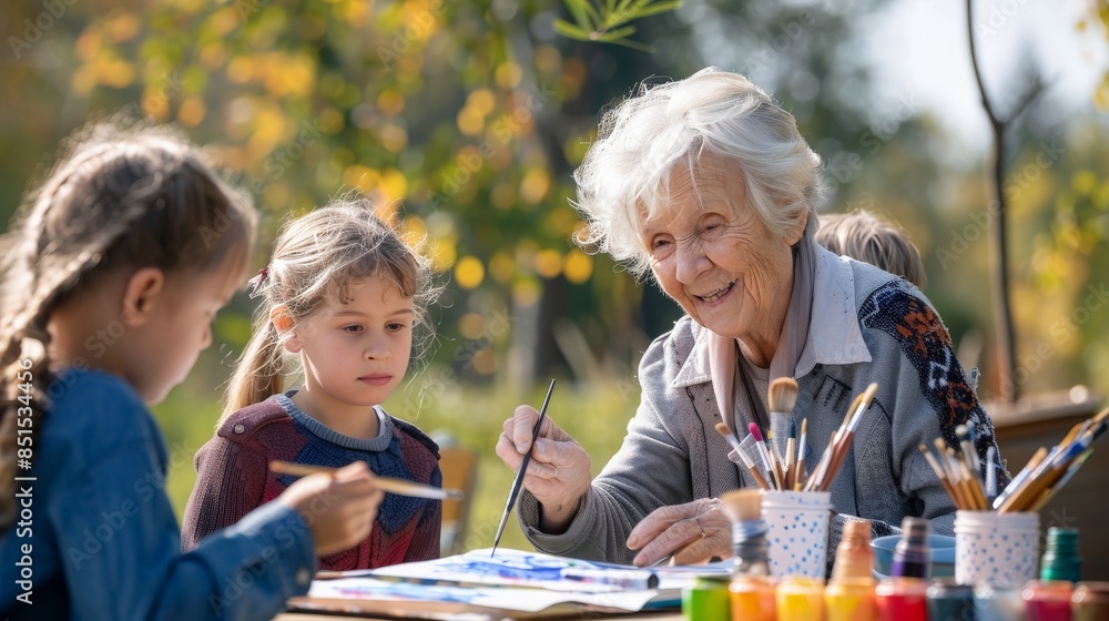 Elderly woman and a group of children painting watercolors outside on a sunny day Elderly woman and a group of children painting watercolors outside on a sunny day