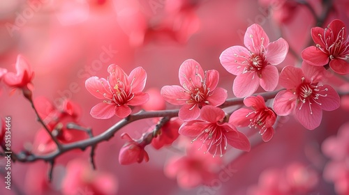 Delicate pink blossoms cascade gently against a backdrop of vibrant red, creating a serene and romantic scene. Abstract Backgrounds Illustration, Minimalism,