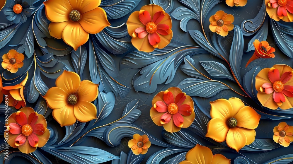 3D Floral Pattern on Blue Background 3D Floral Pattern on Blue Background