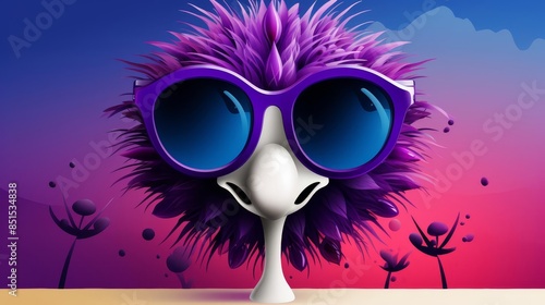 Ostrich in Impressionism flat design, front view, desert theme, cartoon drawing, triadic color scheme photo