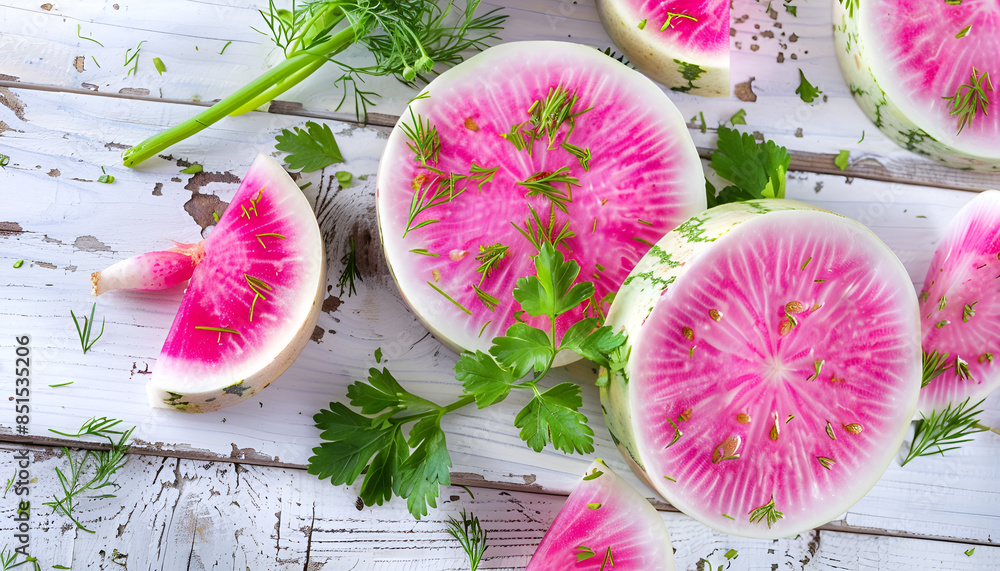 Slices of pink watermelon radish on a wooden table with parsley and dill Slices of pink watermelon radish on a wooden table with parsley and dill