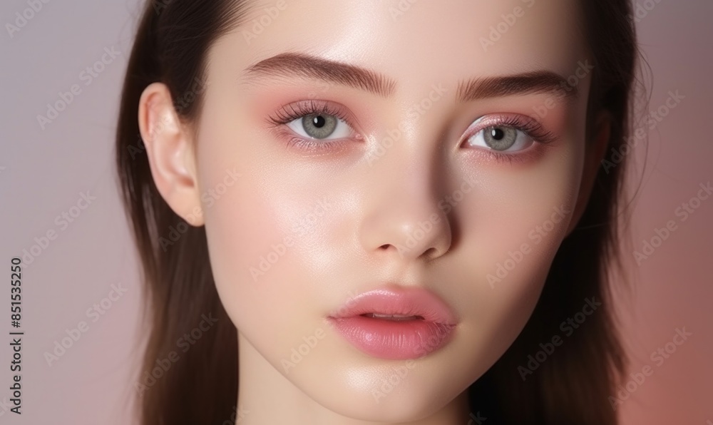 Close-up portrait of a woman with flawless skin and natural makeup, ideal for beauty, skincare, and cosmetic advertising. Close-up portrait of a woman with flawless skin and natural makeup, ideal for beauty, skincare, and cosmetic advertising.