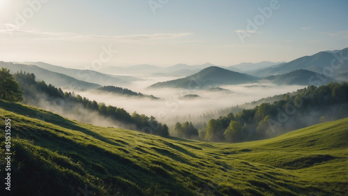 mountains in the morning, misty foggy hills landscape