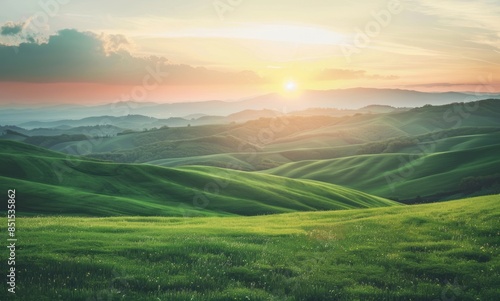 Landscape mountain with serene sunrise over the green hills