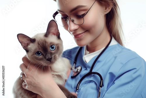 A veterinarian in a white coat, wearing glasses and a hat, is gently holding an or, focusing on careful and compassionate treatment, Modern Veterinary Clinic, veterinary doctor with a cat in a clinic