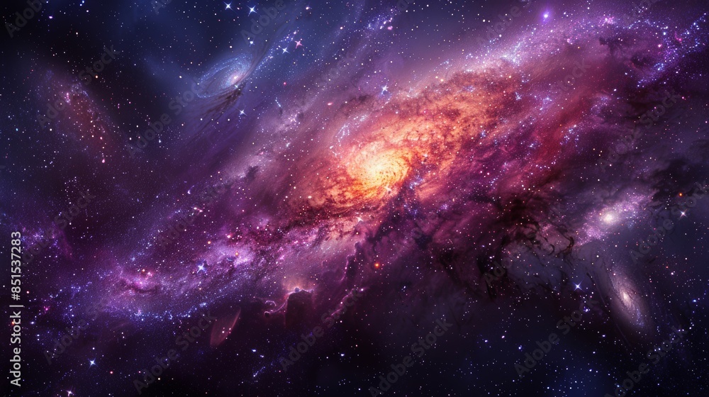 Naklejka premium A vibrant purple galaxy swirling with stars and nebulae, a glimpse into the vastness of the universe.