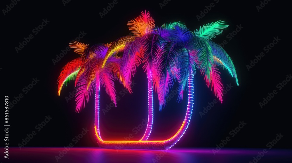 Neon palm tree silhouette on a dark background. A picture of glowing ...