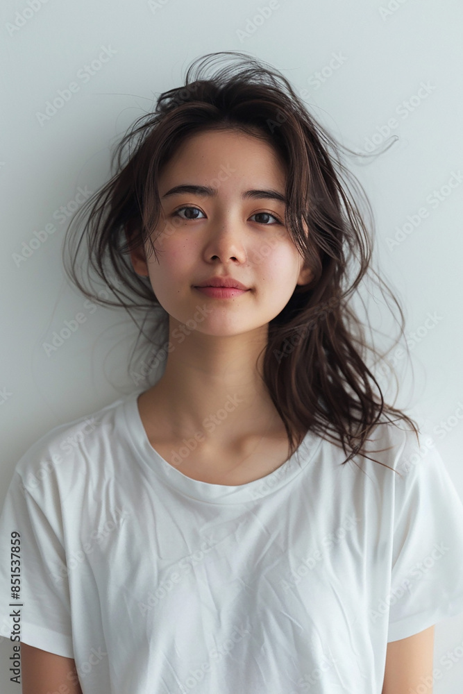 Asian girl with an enchanting smile, dressed in a white t-shirt, photographed against a white backdrop, clear and vivid image Asian girl with an enchanting smile, dressed in a white t-shirt, photographed against a white backdrop, clear and vivid image