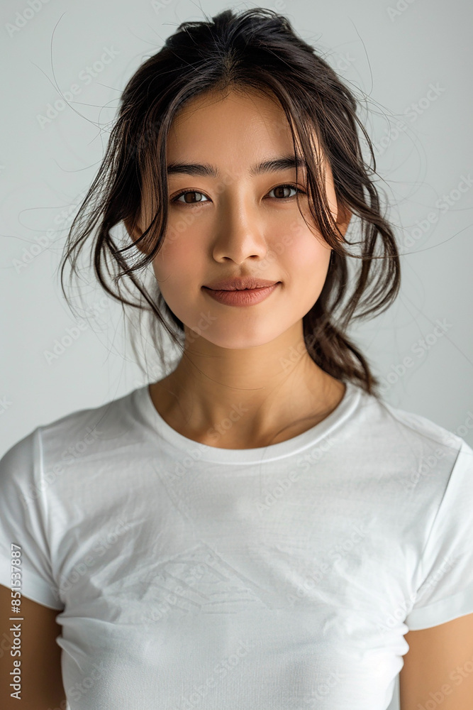 Young Asian woman wearing a simple white t-shirt, exuding confidence and a sexy smile, white background, detailed close-up Young Asian woman wearing a simple white t-shirt, exuding confidence and a sexy smile, white background, detailed close-up