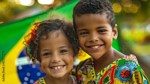 Native Brazilian kid sibling,s cute boy and girl standing and smiling on country flag background in native attire