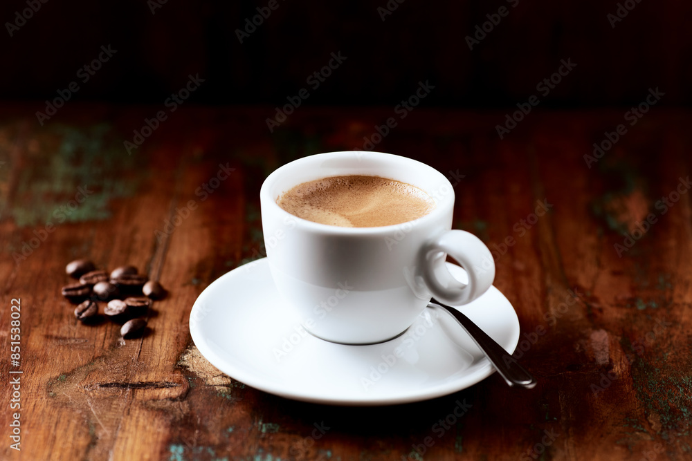 Cup of coffee on wooden background.